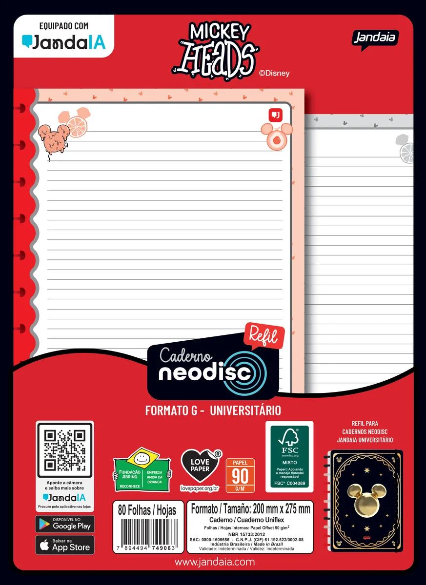 CADERNO NEODISC REFIL UNIVERSITÁRIO 80 FOLHAS - MICKEY HEADS