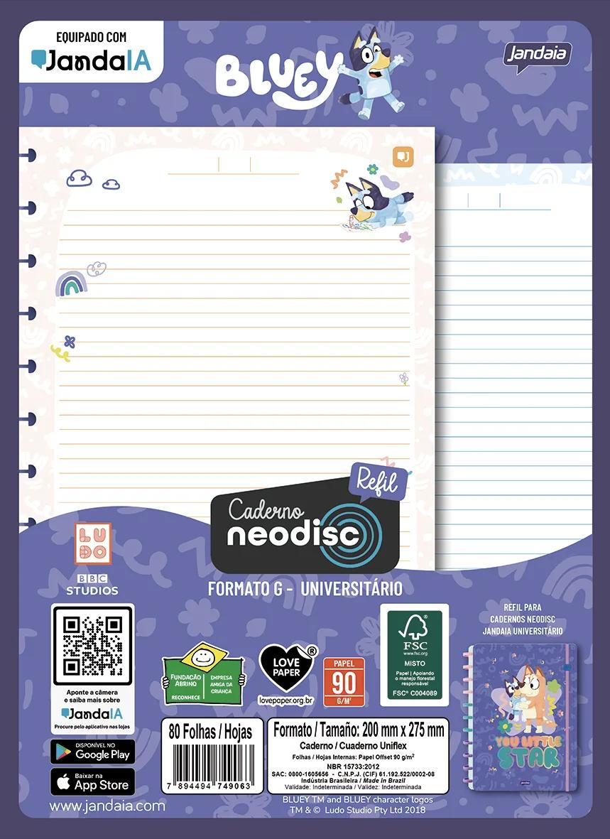 CADERNO NEODISC REFIL UNIVERSITÁRIO 80 FOLHAS - BLUEY
